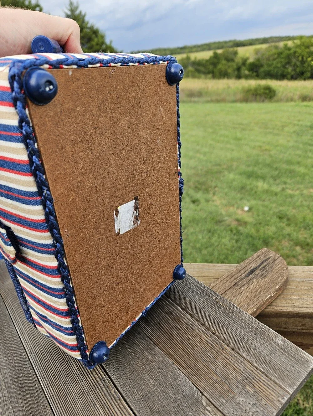 Vtg Red White Blue Striped Fabric Sewing Basket Woven Craft Box Case W/ Tray